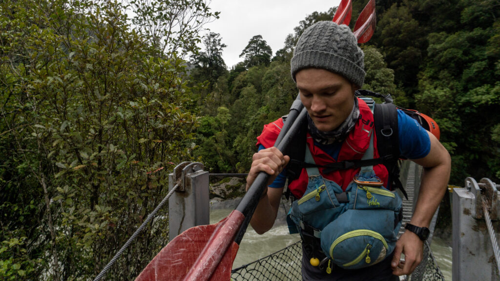 Access fund supporting Jeffery Davis starting the long walk into the Arahura River