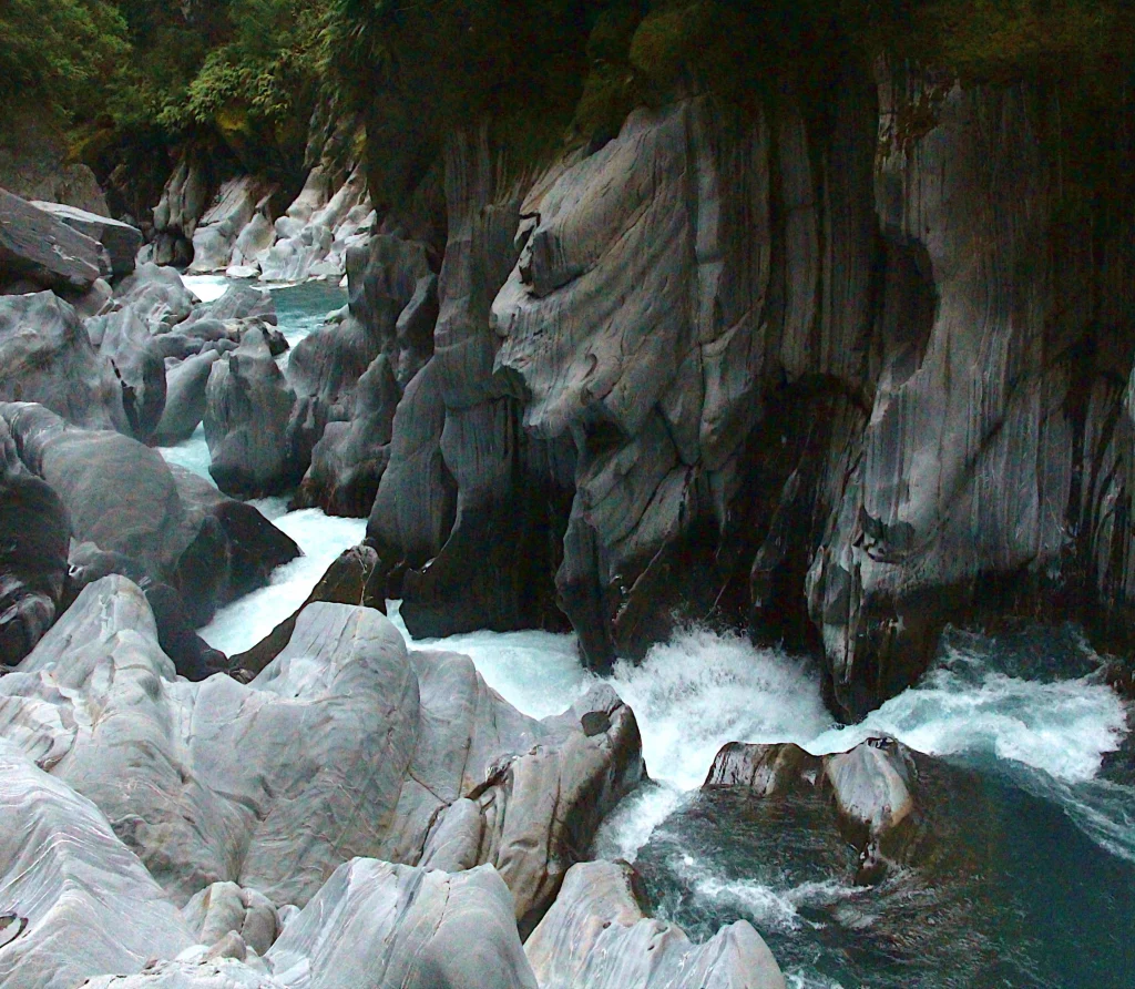 The "shark fins" of Morgan Gorge on the Waitaha River